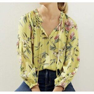 LOFT Top Womens Large Yellow Floral Peasant Tie Neck Crinkle Silky Boho Flowy